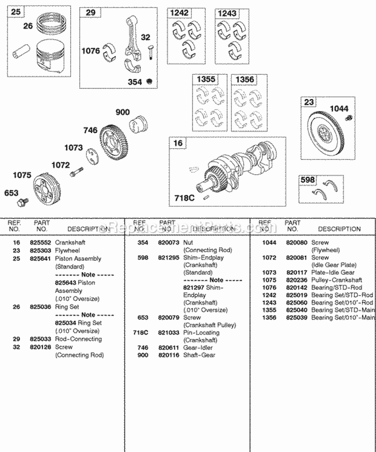 Piston Rings Connecting Rod Crankshaft Flywheel Diagram and Parts List for 589447-0310-99  Briggs and Stratton Engine